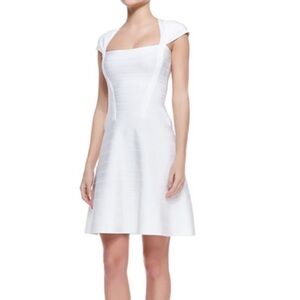 Herve Leger Nahla Dress White Bandage Cap Sleeves Square Neckline Full Skirt XS